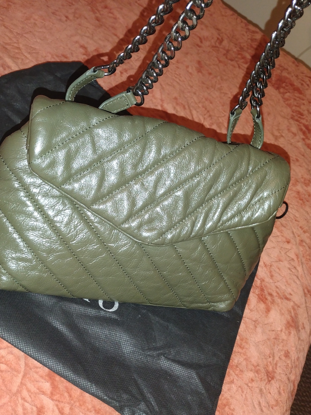 Vince Camuto Quilted Olive Shoulder Bag with Gunmetal Chain